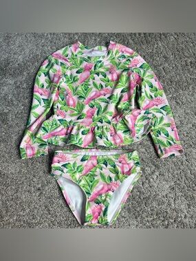 Janie & Jack 2 piece swimsuit 2T pink green toucan bird tropical long sleeve